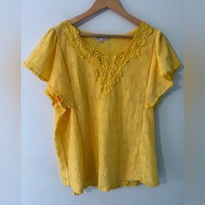 Yellow Lace Trim eyelet flutter short sleeve Women's Top